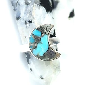 Sterling Silver Turquoise and Pyrite Crescent Moon Ring Size 7
